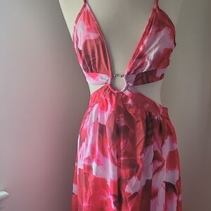 Source Unknown Pink Red Plunge Ruched Cocktail Dress